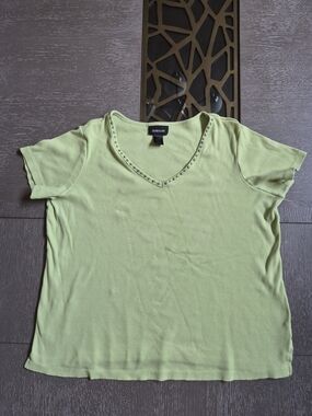 Avenue Lime Green V-Neck Short Sleeve Top with Stud Trim